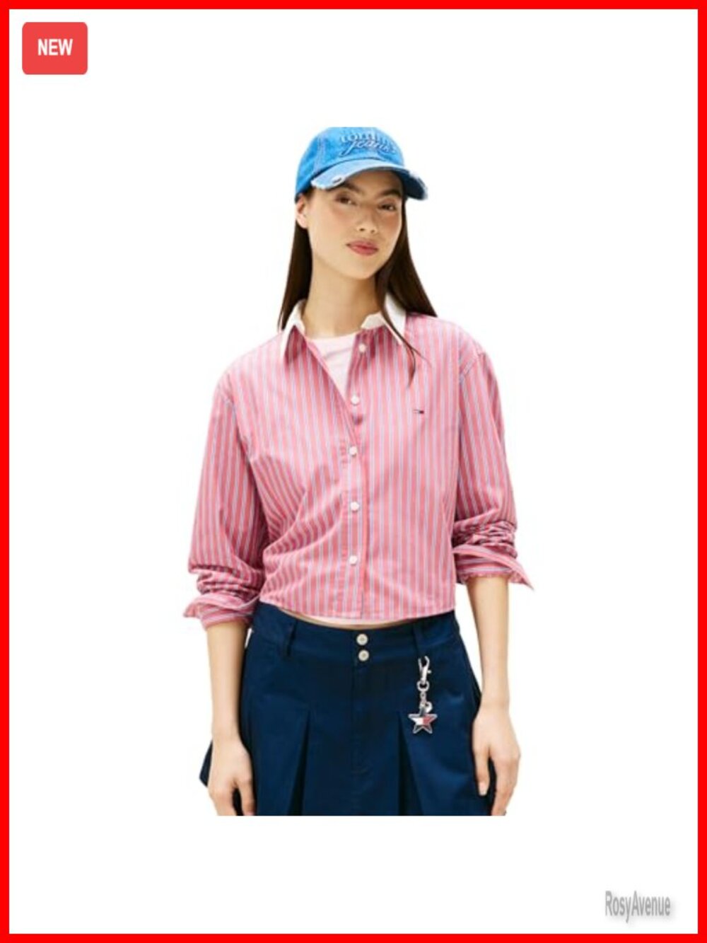 Long Sleeve Cropped Button Up Shirt Embroidered Flag Relaxed Fit